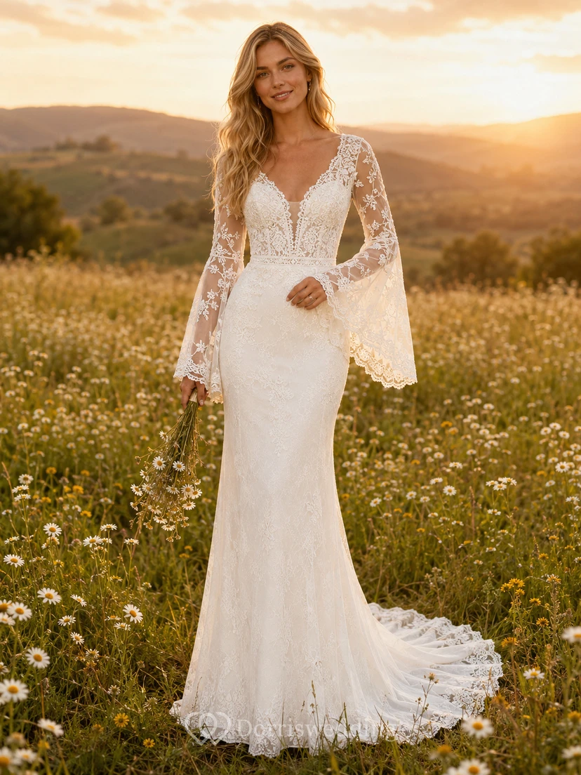 Long Bell Sleeve Boho Sheath Lace Meadow Elopement Wedding Dress