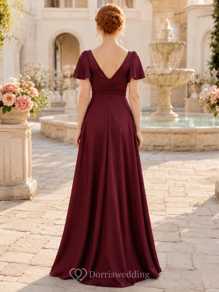 Estate Formal Burgundy Romantic Elegant A-Line Chiffon Bridesmaid Dress with V-Neck Short Sleeve Floor-Length Draped Low Back view 2