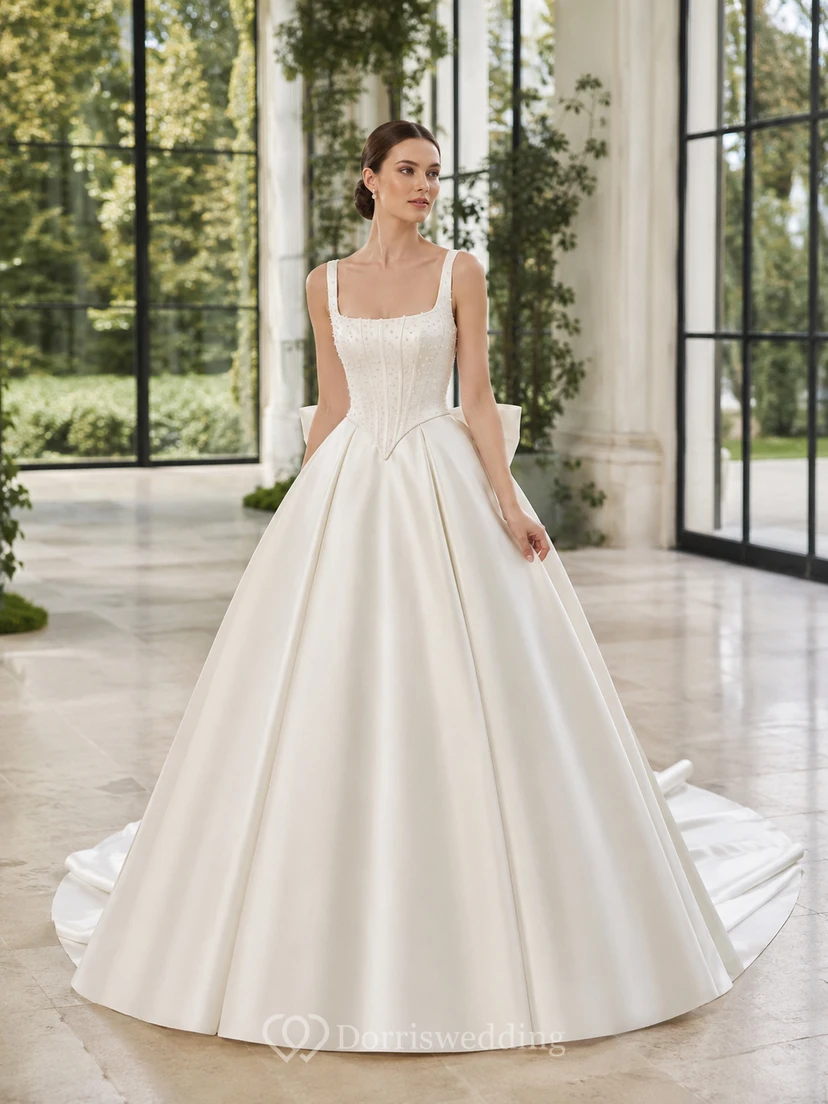 Robe de bal moulante en satin à bretelles carrées, sans manches, avec traîne chapelle et nœud décoratif, style vintage. Robe de mariée de style ancien.