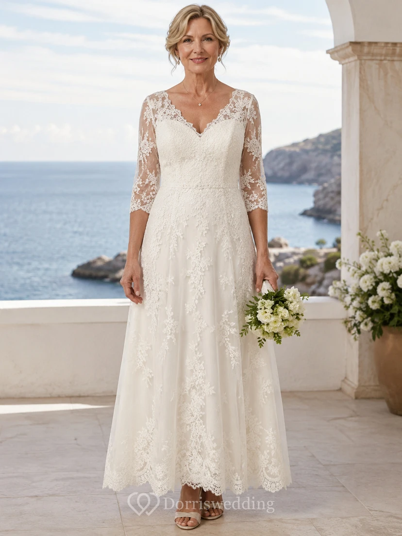 Tea Length Lace A-Line Older Brides Wedding Dress with Long Sleeve Sleeves
