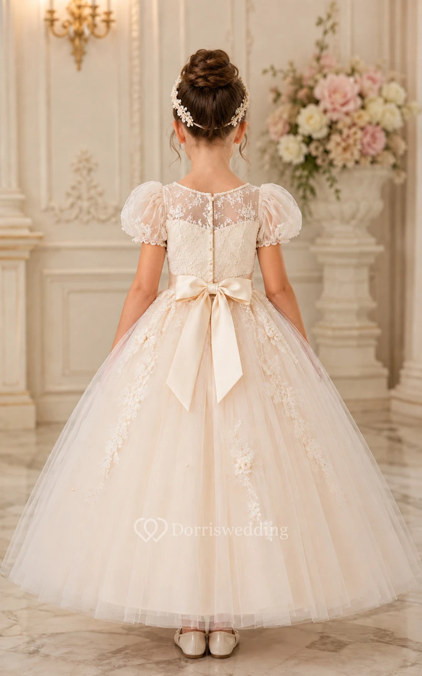 A-line Floor Length Puff Sleeve Tulle Lace Flower Girl Dress with Ivory puff sleeves view 2