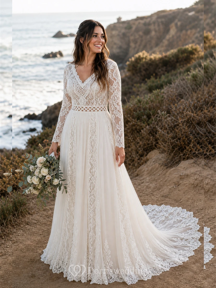Vestido de novia sencillo de manga larga y modesto | Vestido de novia bohemio de encaje para ceremonia civil view 11