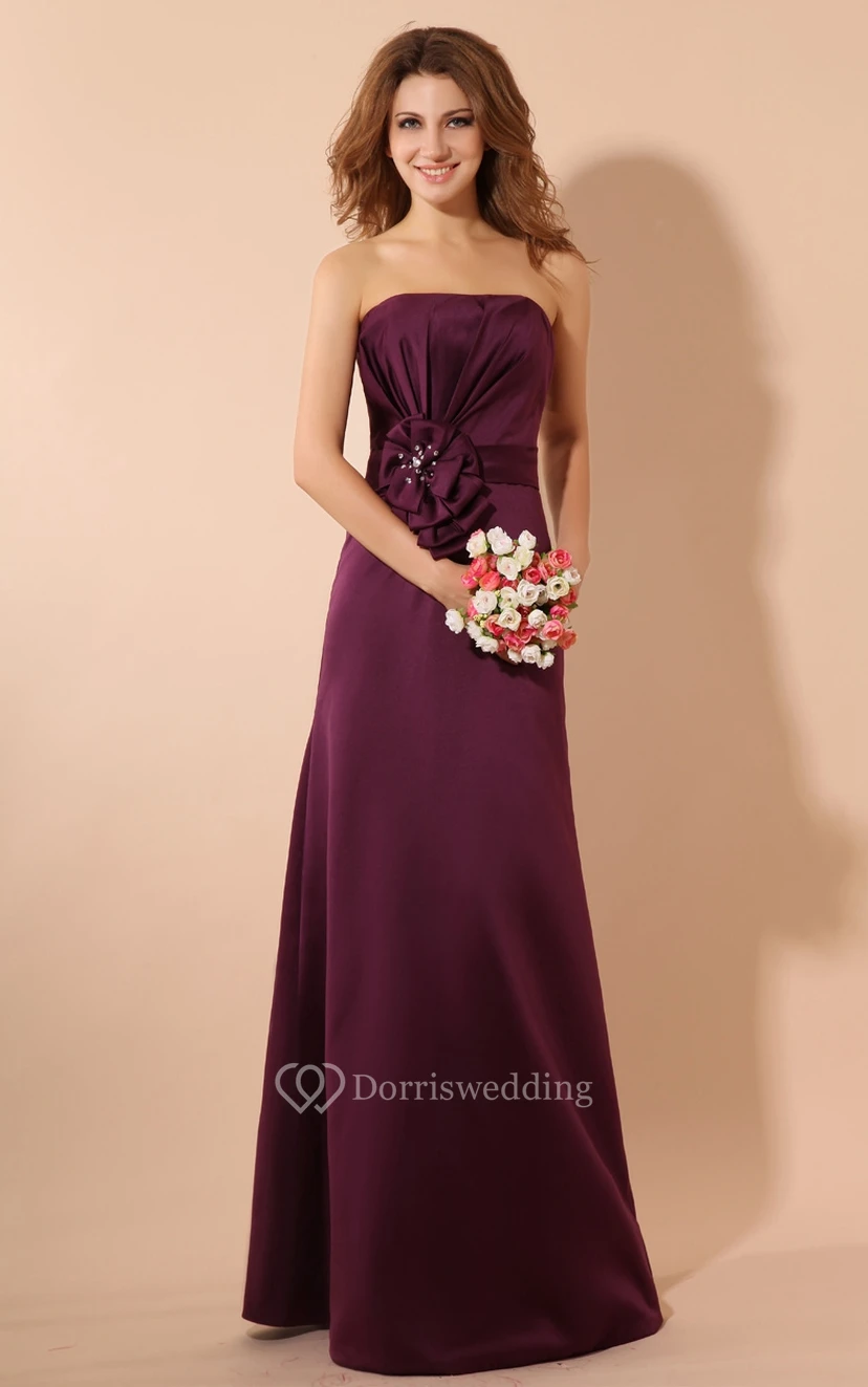 Satin Strapless Maxi Dress and Ruching and Flower view 2