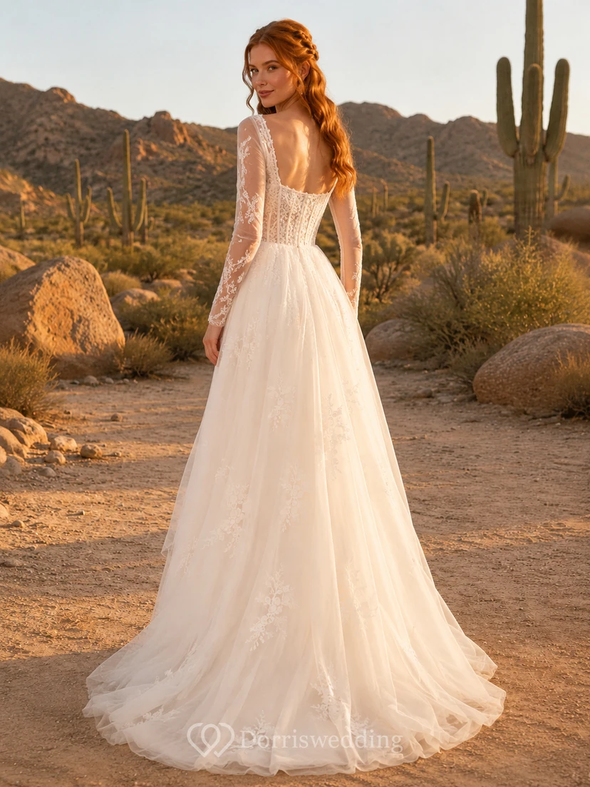 Robe de mariée bohème à manches longues en tulle style désertique, asymétrique et longue view 2
