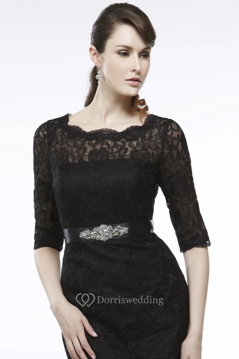 Sheath Floor-Length Jeweled Half-Sleeve Bateau-Neck Lace Prom Dress With Appliques And Ribbon view 3