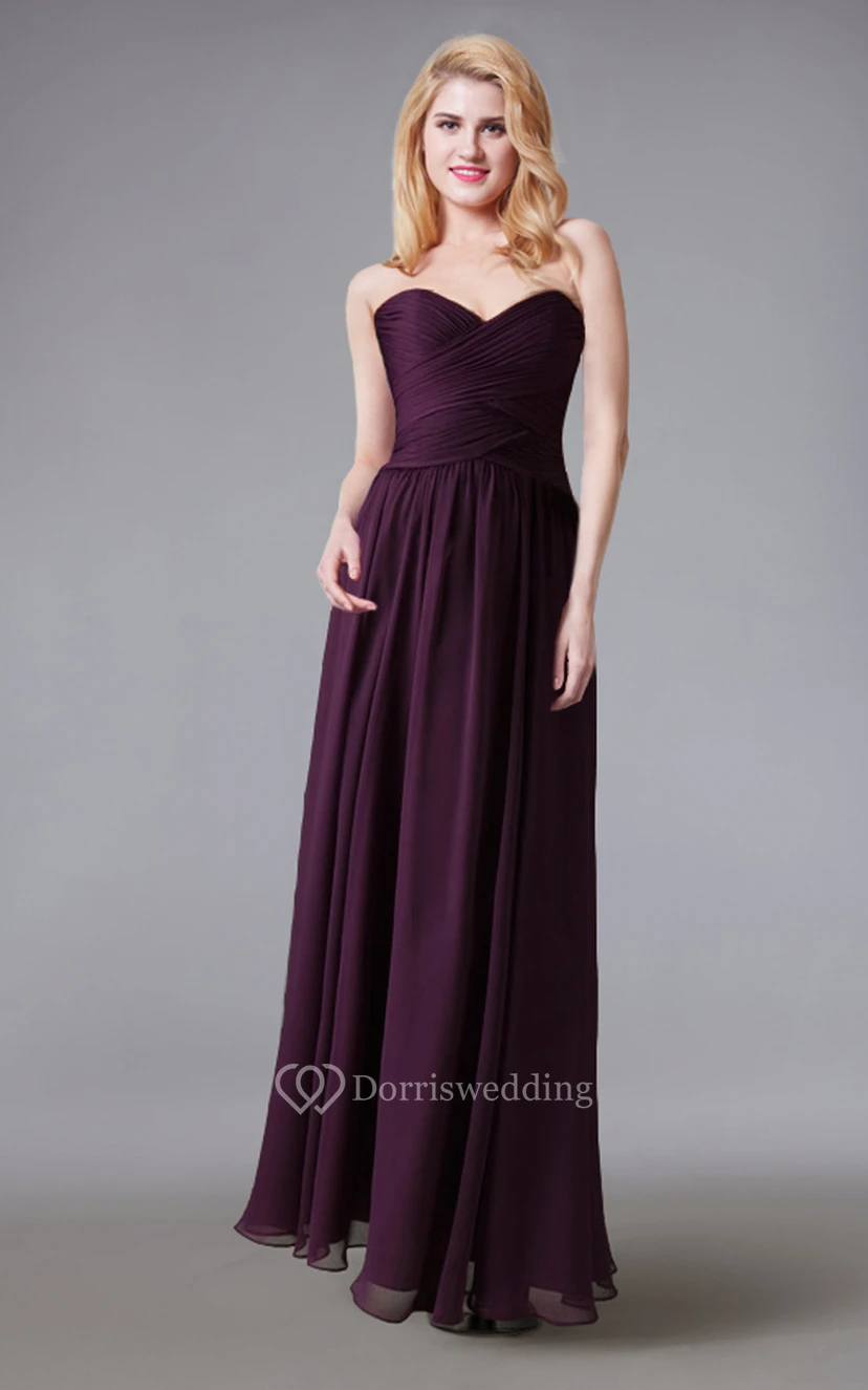Strapless Sweetheart Long Chiffon Dress With Criss Cross Ruching