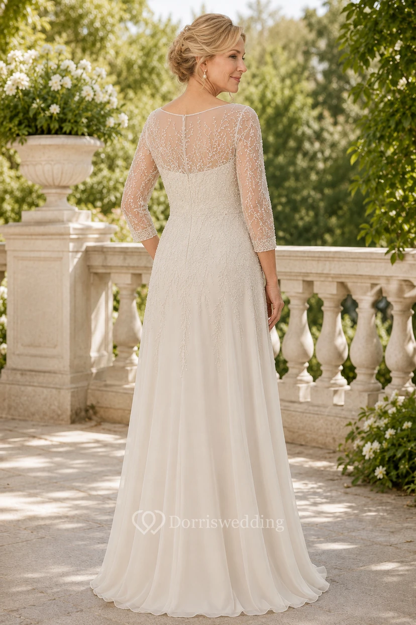 MOB Dress Ivory Chiffon Lace A-Line 3/4 Sleeve Bateau Neck Floor Length view 2