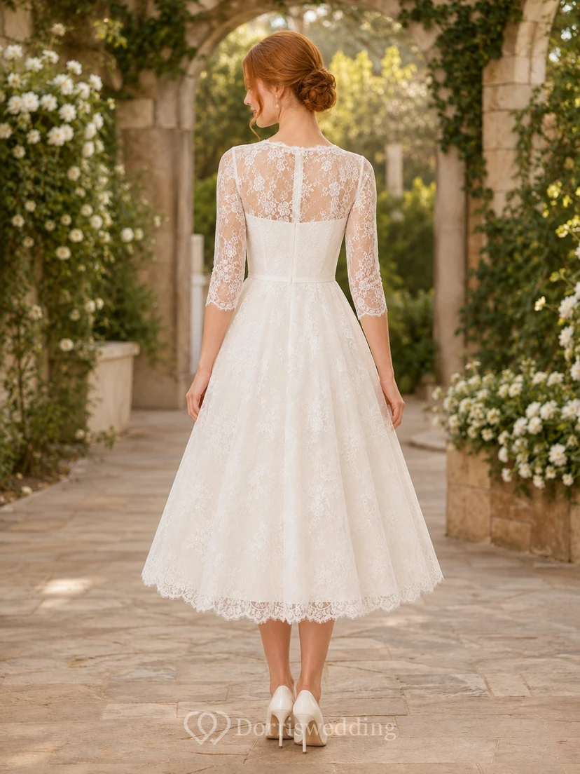 Vintage weißes Teelängenkleid mit hohem Kragen, Dreiviertelärmeln, Spitze und A-Linien-Schnitt für das Probeessen view 2