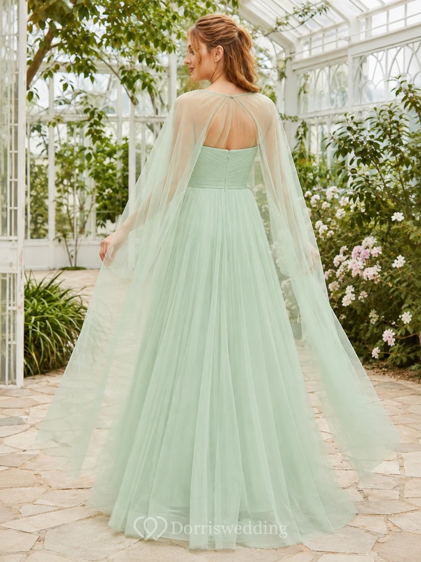 Mint Green Sweetheart Tiered Tulle Cape Sleeve A-Line Gown Dress view 2
