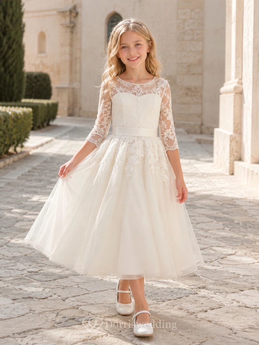 Robe de communion bateau en tulle à manches trois-quarts en dentelle et manches trois-quarts, longueur cheville