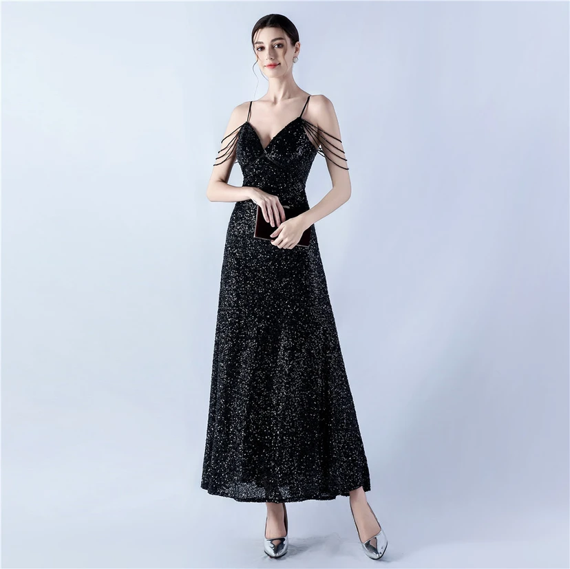 Sling A-Line Large Swing Mesh Sequin Evening Dress view 5