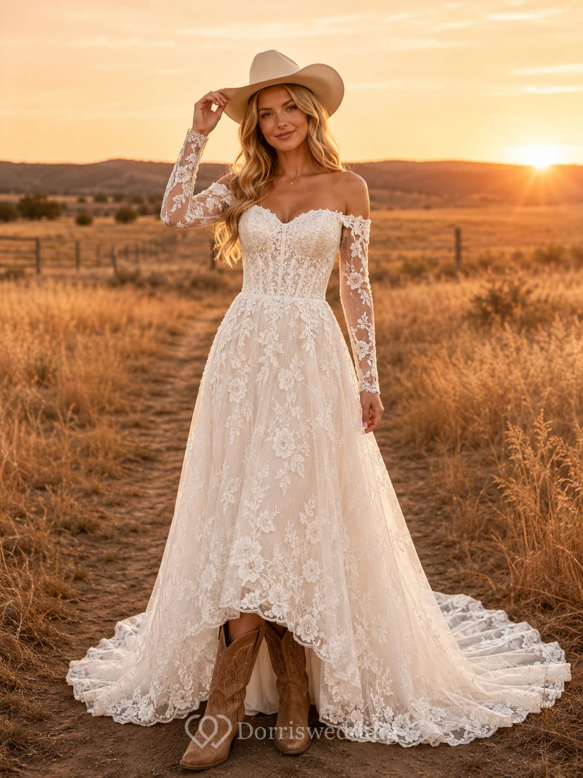 Robe de mariée rustique western en dentelle à épaules dénudées et manches longues