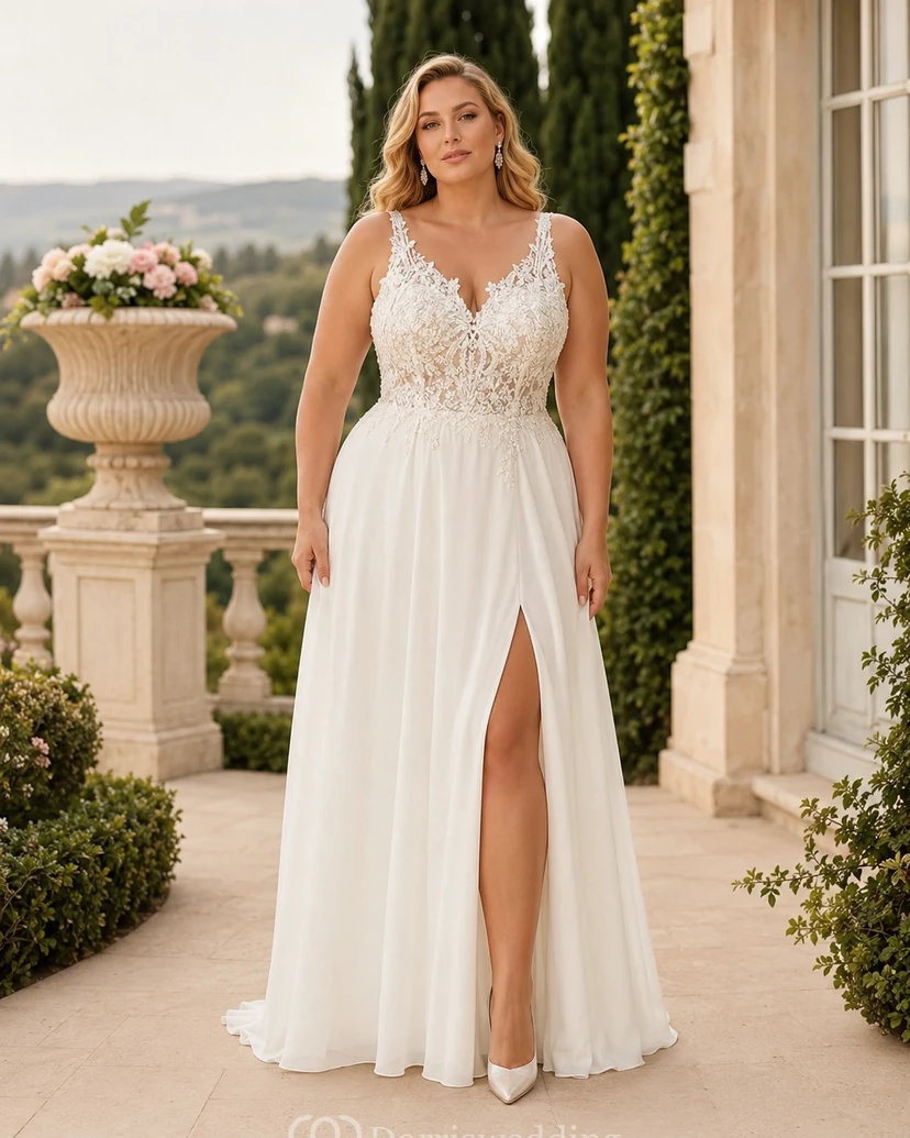 Minimalistisches, schlichtes Strandhochzeitskleid | Lässiges Chiffonkleid für eine intime Hochzeit mit Spitzentop view 4