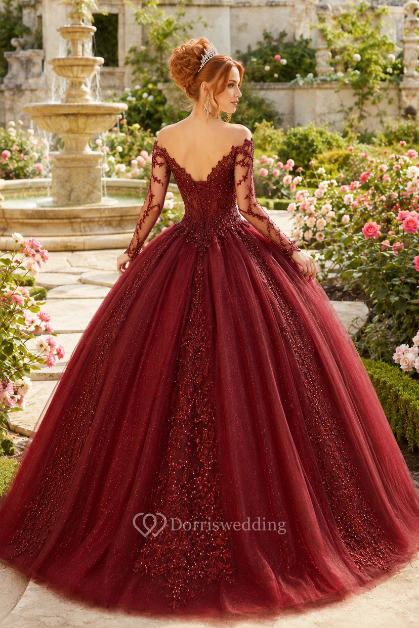 Vestido de gala burdeos de manga larga de tul con apliques y bordados densos view 2