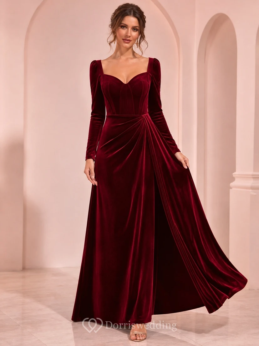 Burgundy Long Sleeve Sweetheart Velvet A-Line Floor-Length Modest Winter Evening Gown