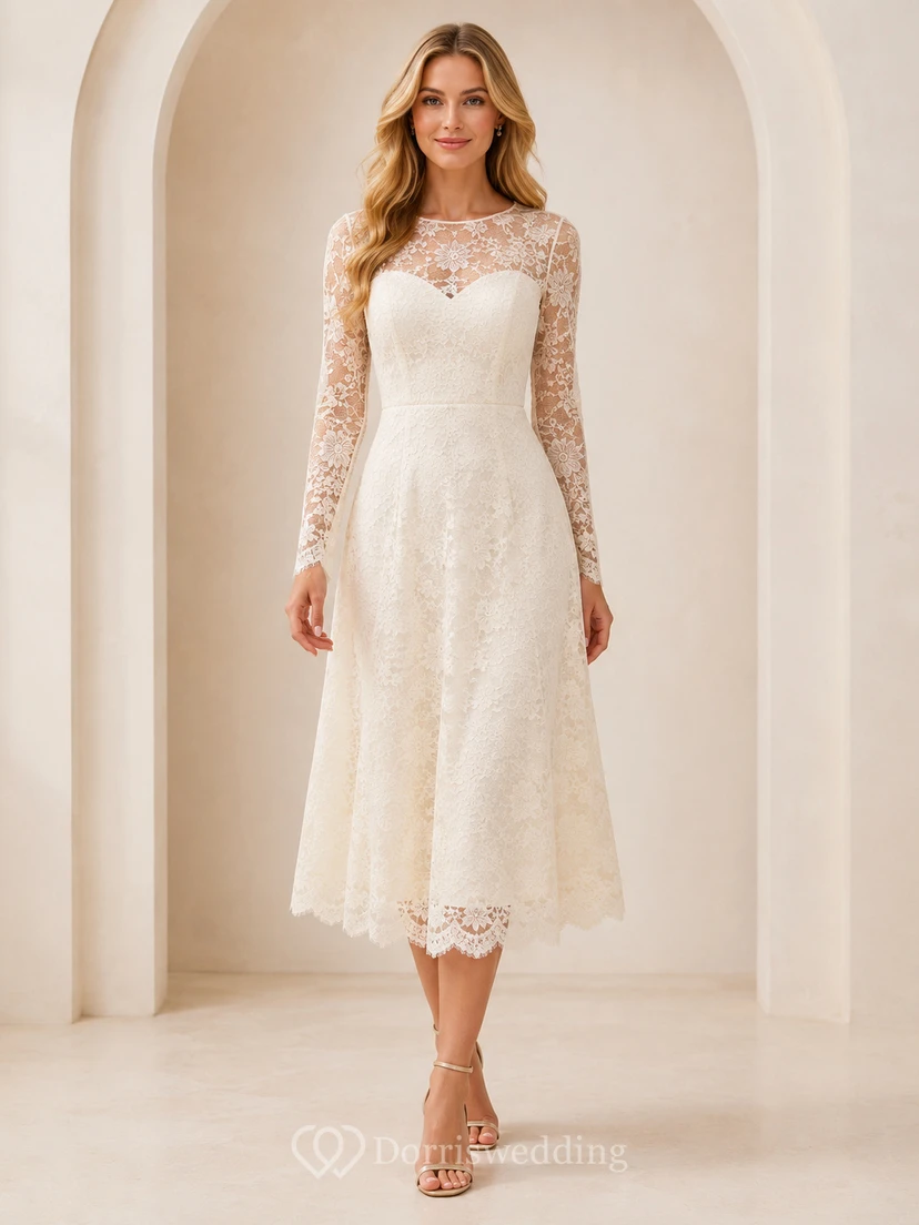 Robe de mariée vintage à encolure arrondie, manches longues, dentelle, coupe trapèze, style thé, style courtoisie