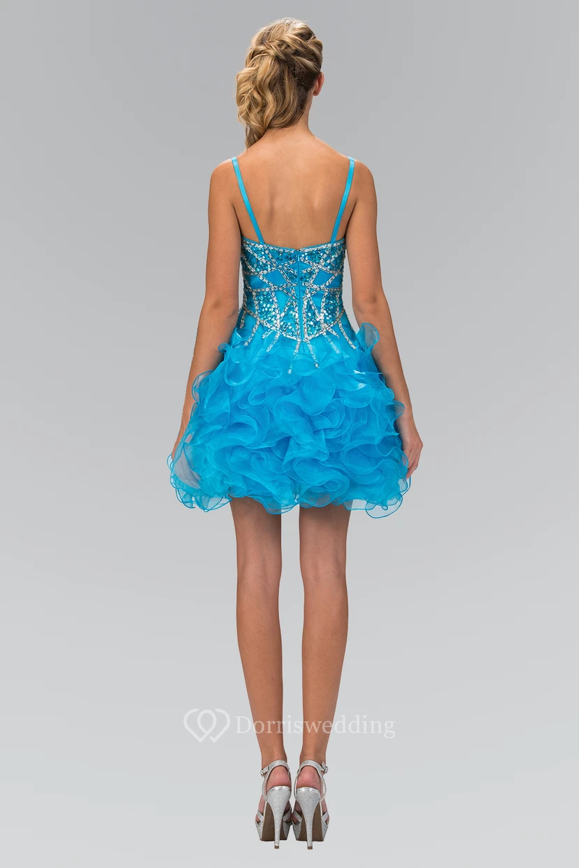 Robe trapèze mini à fines bretelles et sans manches en organza avec fermeture éclair, volants et perles view 2
