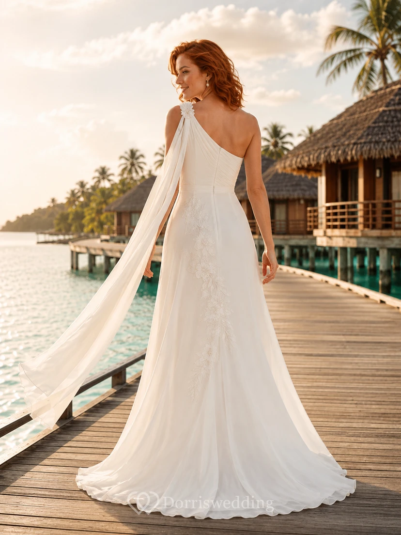 Brautkleid aus Chiffon und Spitze, A-Linie, schulterfrei, ärmellos, mit Schleppe und Schlitz view 2