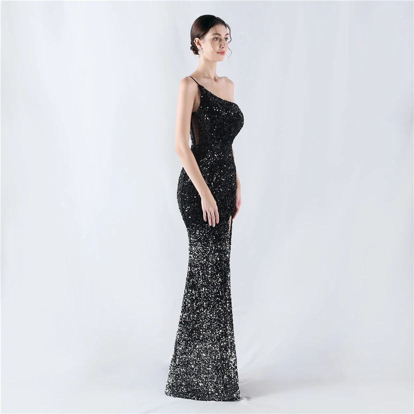 Sexy Abendkleid mit Samtsaum, Farbverlauf, Pailletten, hohem Schlitz und schräger Schulterpartie view 44