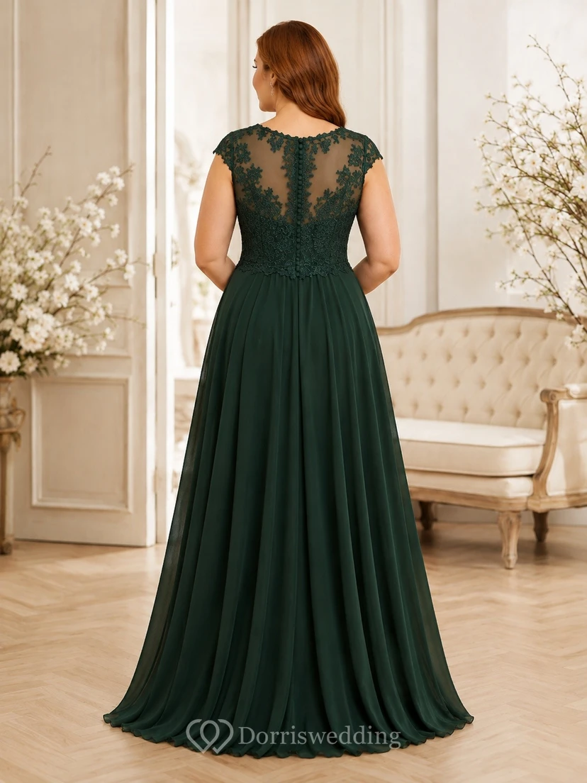 Dunkelgrünes, plissiertes A-Linien-Abendkleid mit Spitzenkappenärmeln view 2