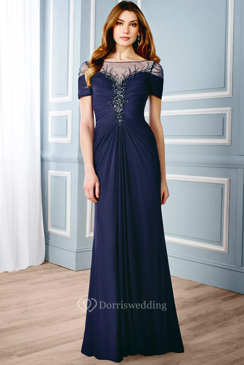 A-Linien-Chiffon-Maxikleid mit kurzen Ärmeln, Perlenbesatz, tiefem V-Ausschnitt am Rücken und Raffungen