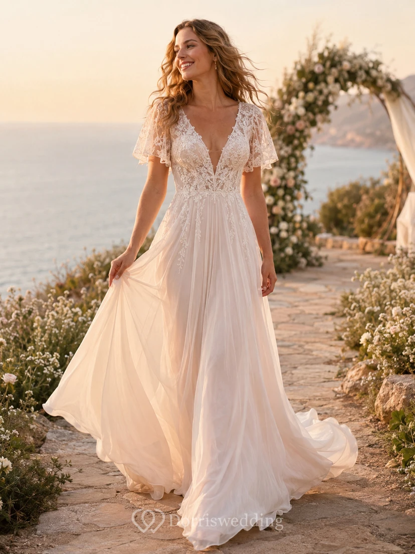 Robe de mariée de plage en mousseline de soie rose poudré, col en V, manches papillon en dentelle, coupe trapèze, traîne, style bohème.