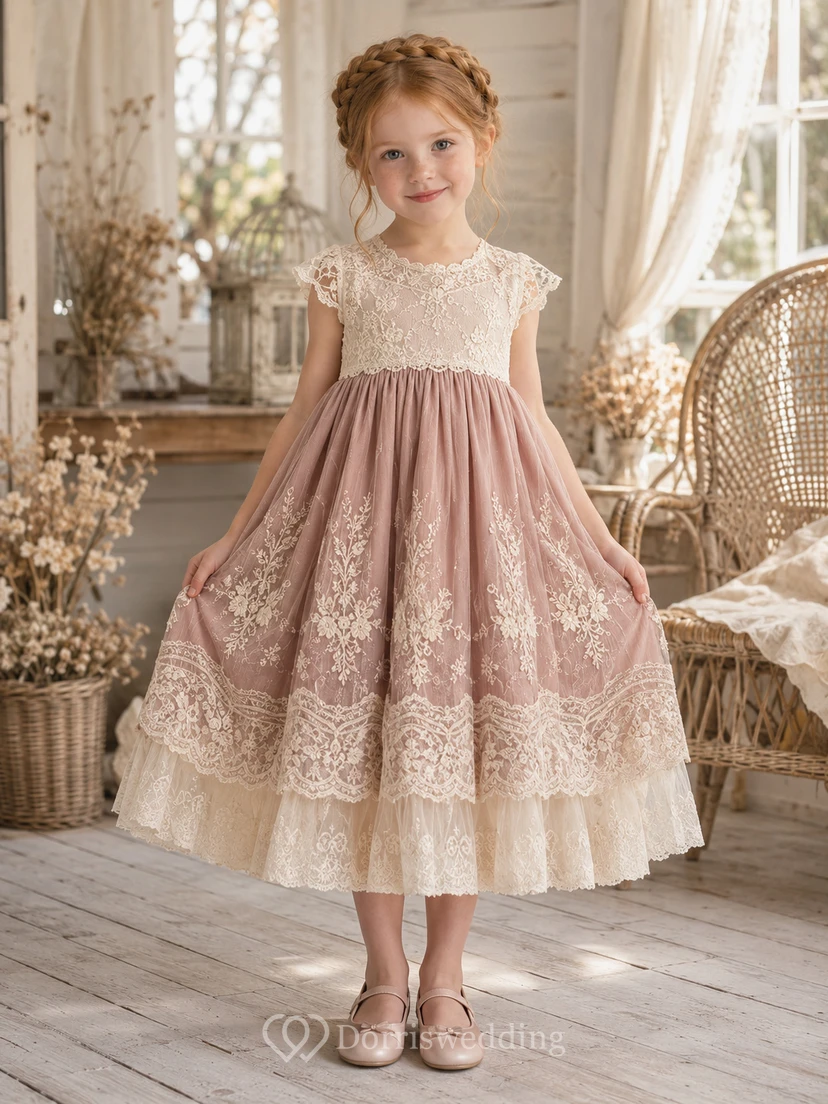 Vintage-Stufenkleid aus Spitze und Tüll für Blumenmädchen