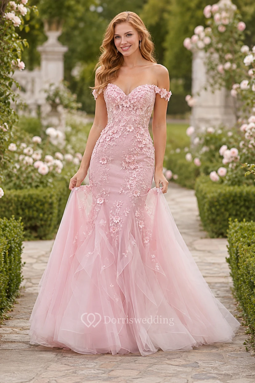 Rosa Meerjungfrauen-Abendkleid mit 3D-Blumenapplikationen und Tüll-Fischschwanzrock