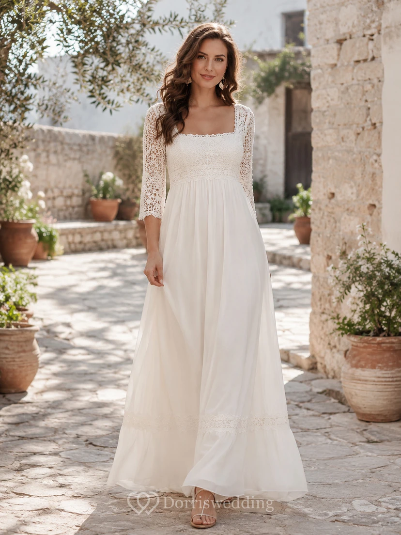 Robe de mariée bohème abordable à col carré, manches trois-quarts en dentelle et longueur cheville