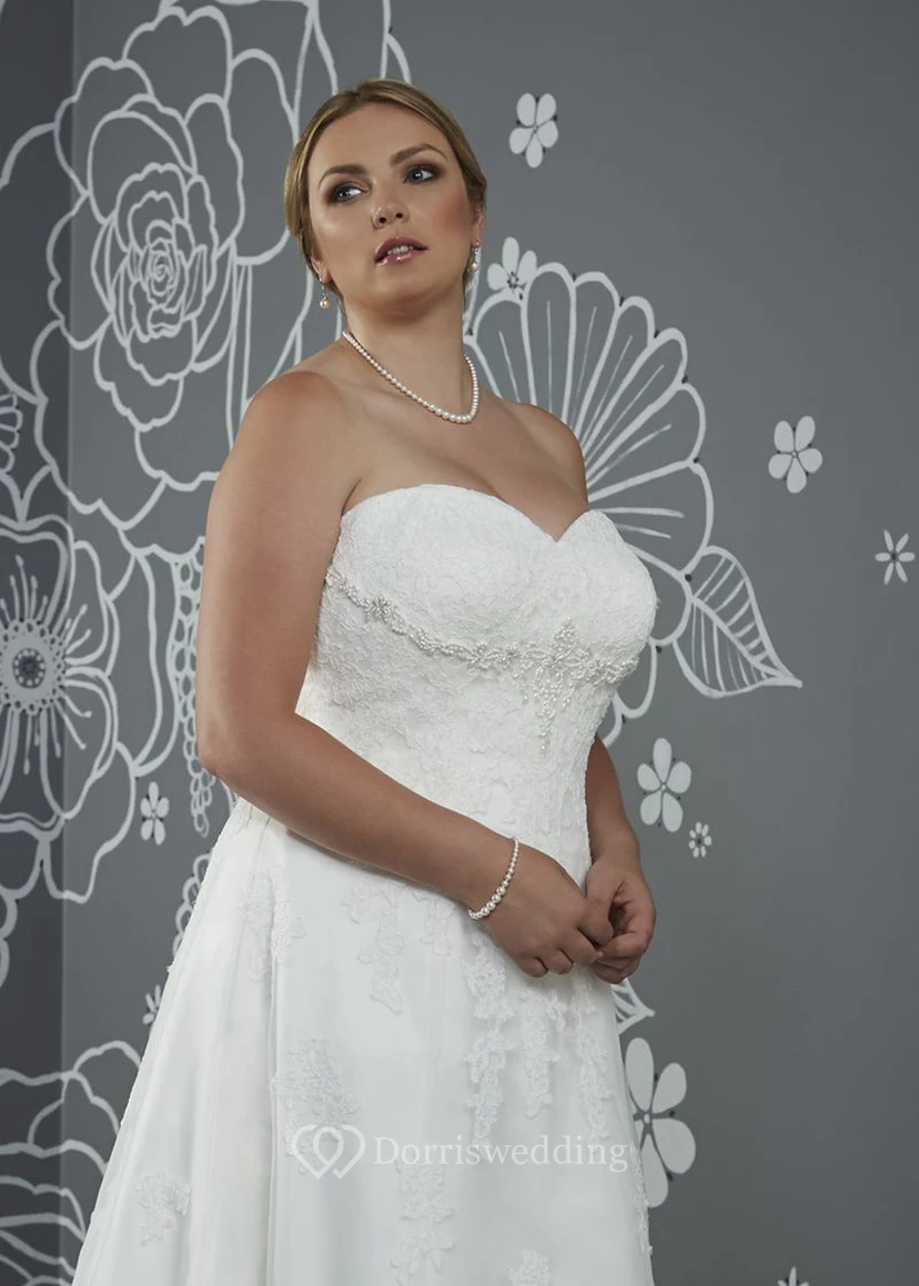 A-Line Floor-Length Sweetheart Sleeveless Satin Court Train Lace-Up Back Beading Dress view 3