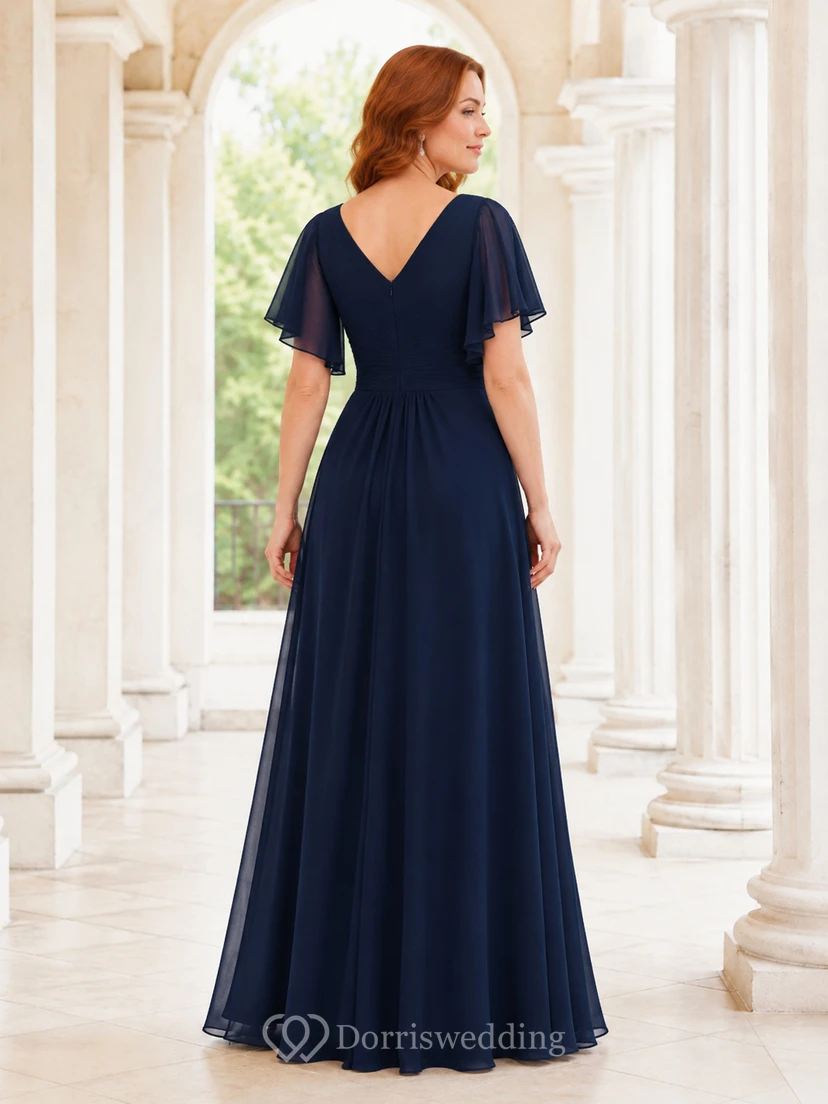 Dark Navy Flutter Sleeve V-Neck Chiffon A-Line Gown view 2