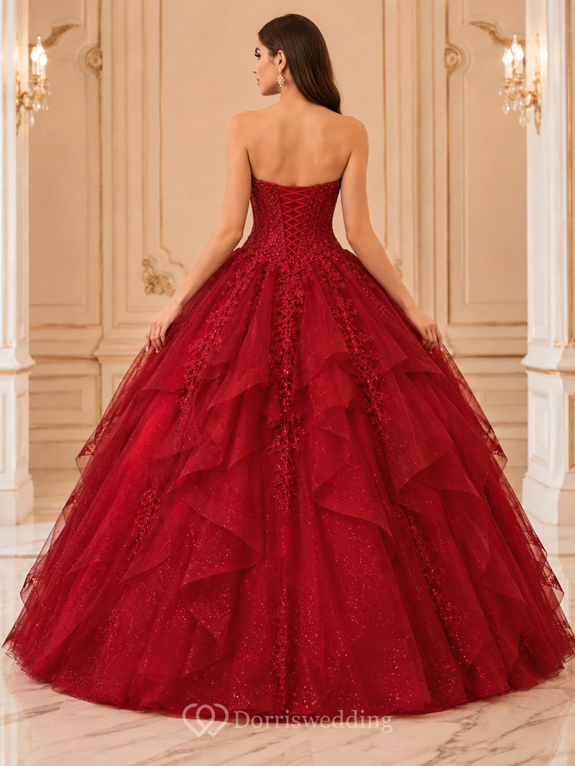 Red Luxury Strapless Sweetheart Tiered Glitter Tulle Princess Quinceanera Ball Gown view 2