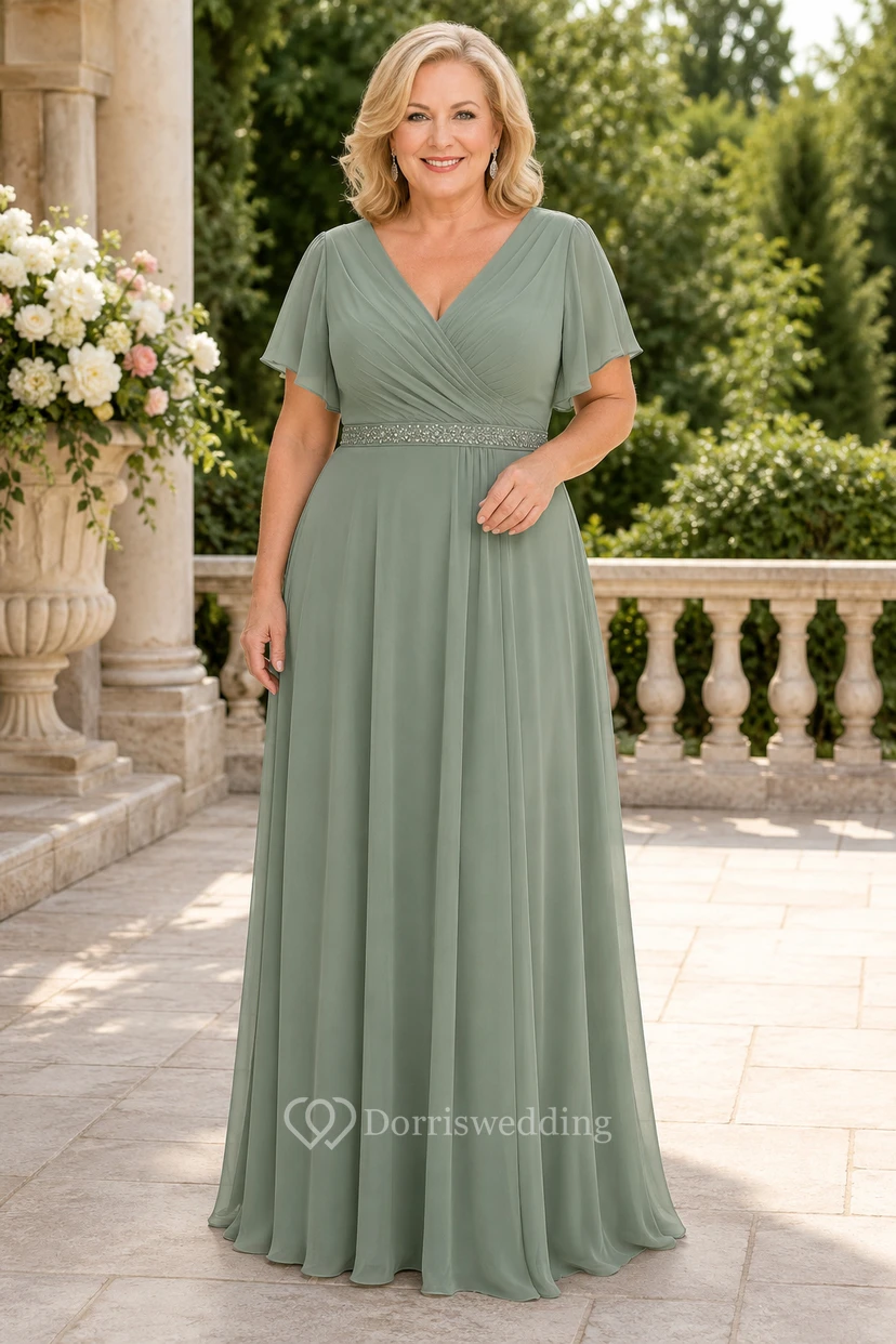 Salbeigrünes Chiffon-Kleid in A-Linie mit V-Ausschnitt in Übergröße für Mütter