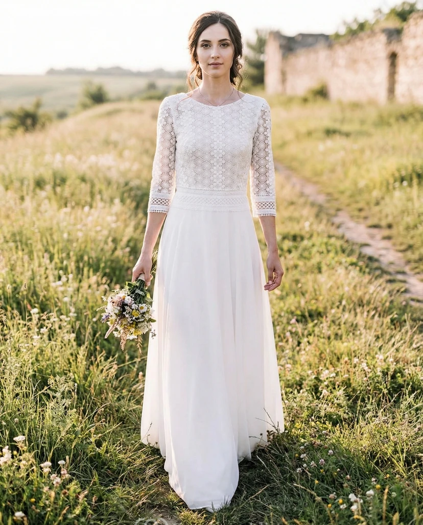 Boho Lace 3/4 Sleeve Wedding Dress with V Back and Flowing Chiffon Skirt