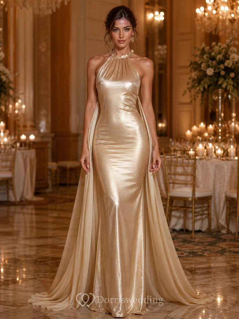 Vestido de noche de sirena con capa halter dorada para cena de gala