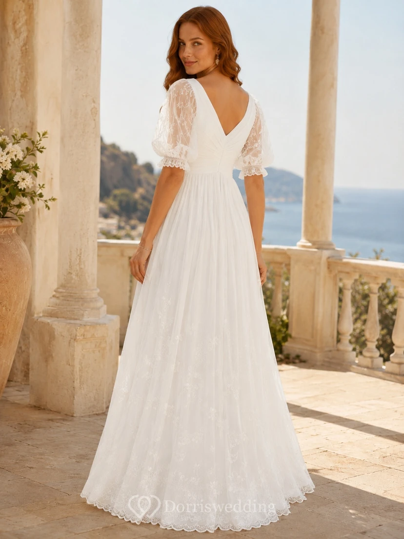 Boho Romantic V-Neck Sheer Puff Sleeve Lace Floor-Length A-Line Beach Wedding Dress view 2