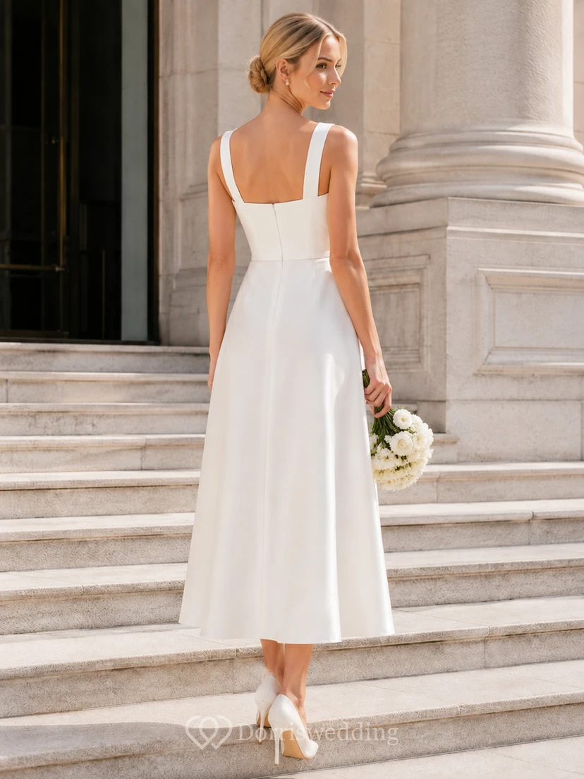 Vestido de novia midi de corte A con escote cuadrado y satén, estilo juzgado. view 2