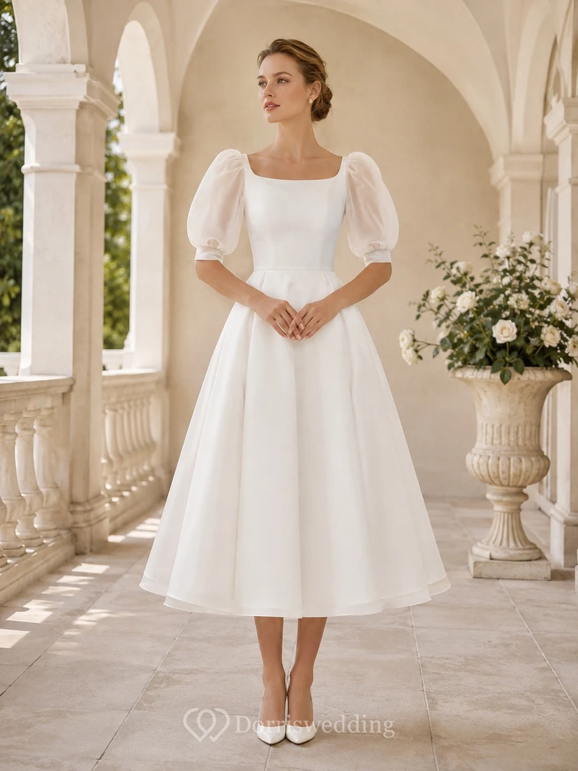 White Square Neck Three-Quarter Puff Sleeve Satin A-Line Midi Dress