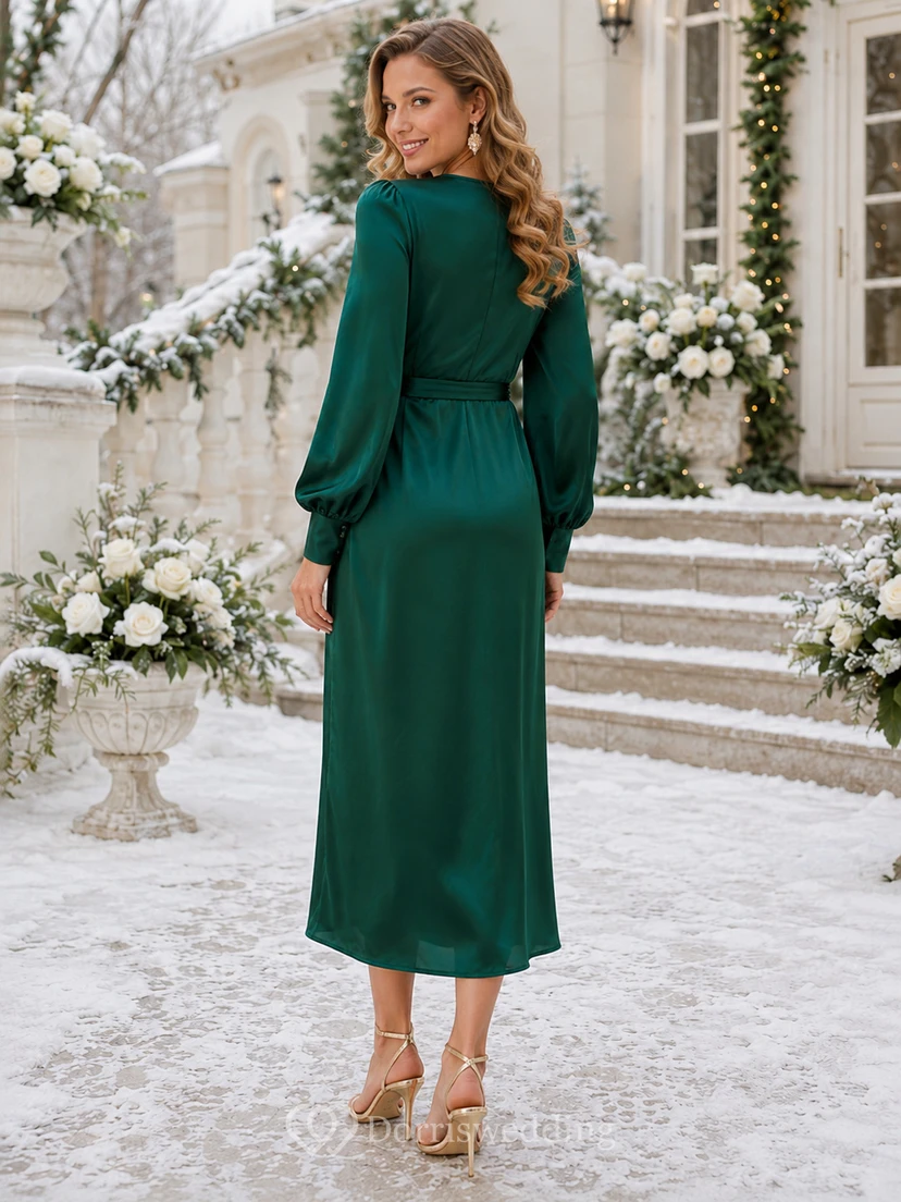 Vestido midi cruzado de satén con escote en V y mangas estilo poeta, color verde oscuro. view 2