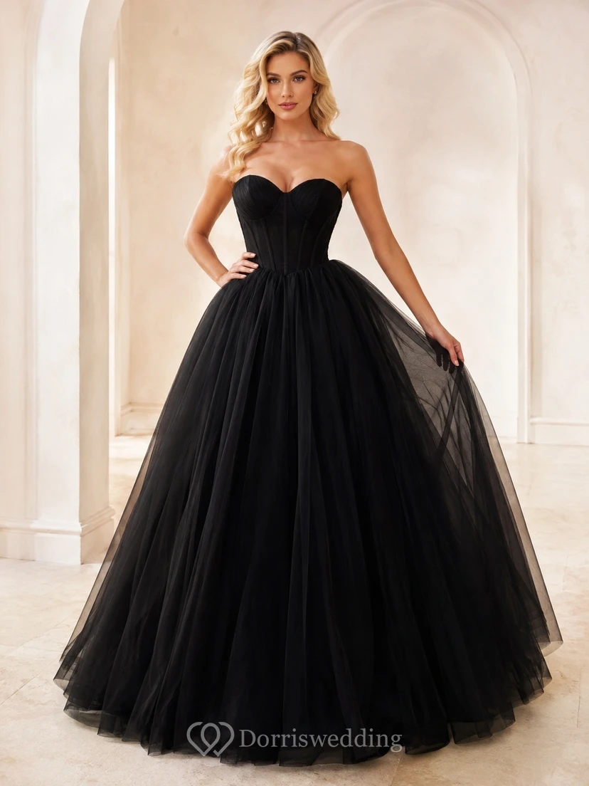 Black Sweetheart Strapless Tulle Ball Gown Floor-Length Prom Evening Dress
