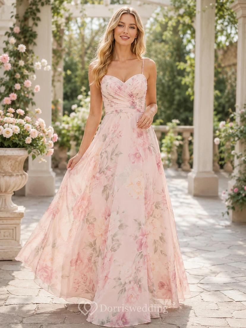 Blush Floral Strapless Chiffon A Line Floor Length Bridesmaid Dress
