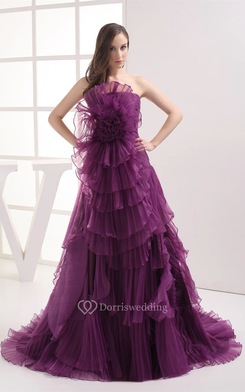 Floral A-Line Ruched Sweep Train and Gown With Tiers