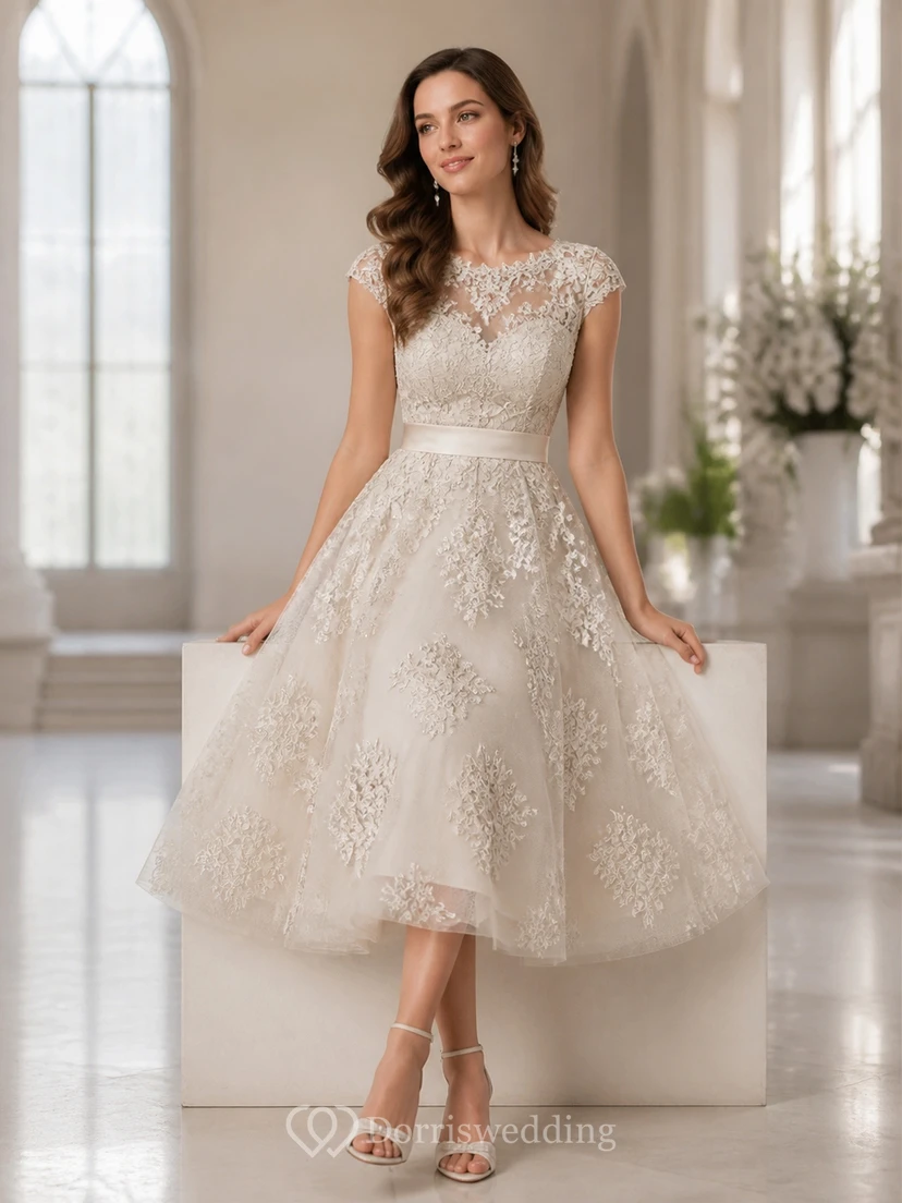 Vintage Teelänge A-Linien-Hochzeitskleid mit hohem Kragen, floraler Spitze