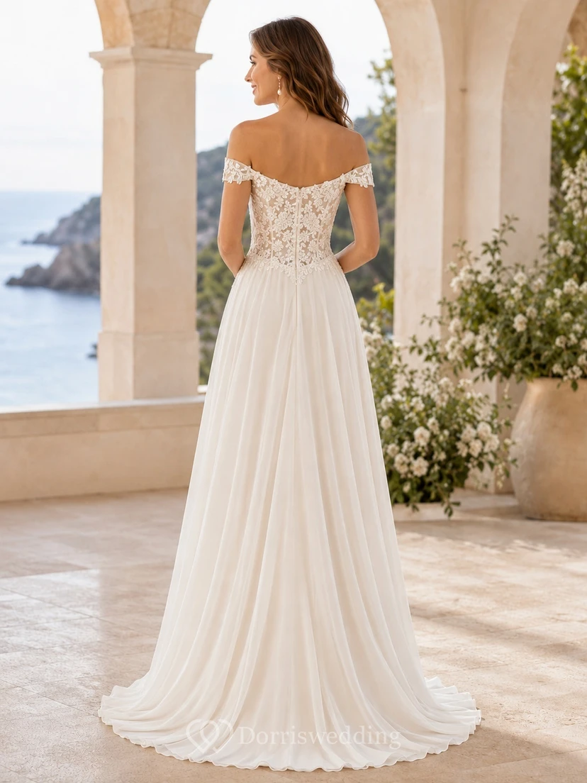 Brautkleid aus Chiffon, schulterfrei, kurzärmelig, A-Linie, bodenlang, plissiert, mit Spitze view 2