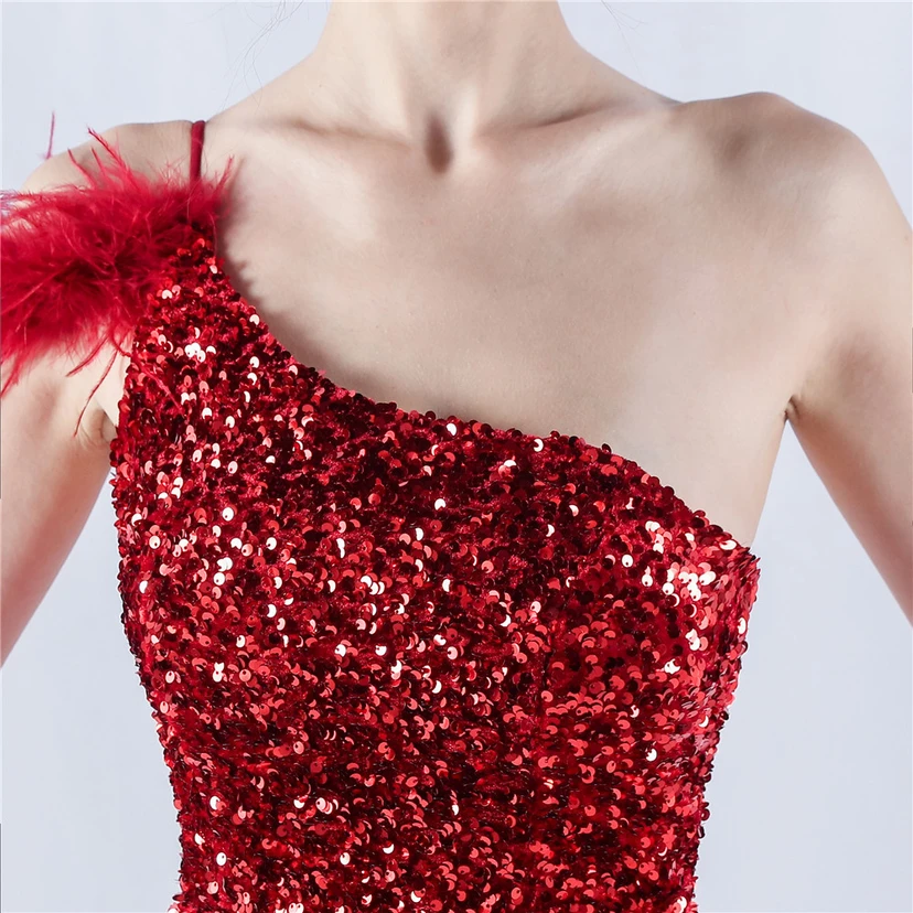 Gradient Velvet Bottom Sequins Craft Beading Ostrich Hair One-Shoulder Oblique Collar High-Slit Evening Dress view 46