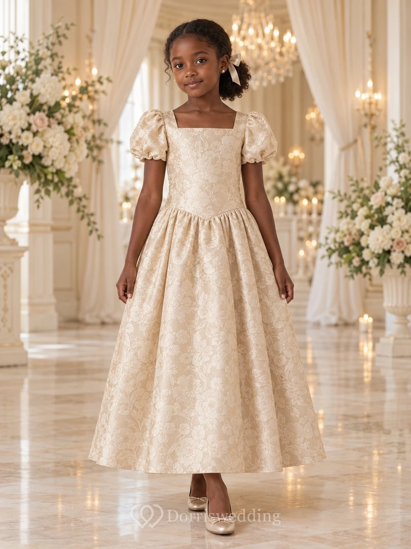 Square-Neck Champagne Floral-textured A-line Puff-sleeve Ankle-length Gathered Bow-back Flower Girl Dress