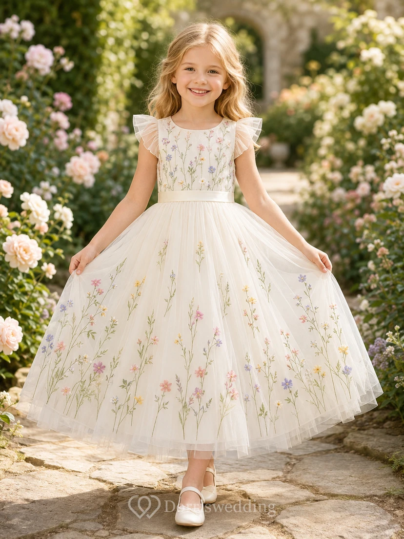 Romantisches Gartenkleid mit Blumenstickerei, Tüll, Teelänge und Blütenblattärmeln für Blumenmädchen – ideal für draußen