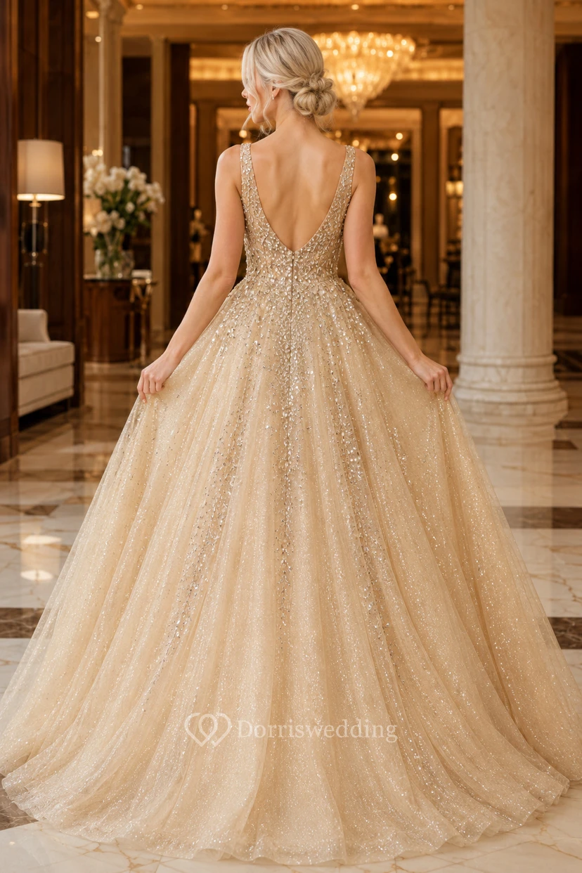 Robe de bal champagne avec décolleté en V plongeant et perles scintillantes pour le bal de fin d'année view 2