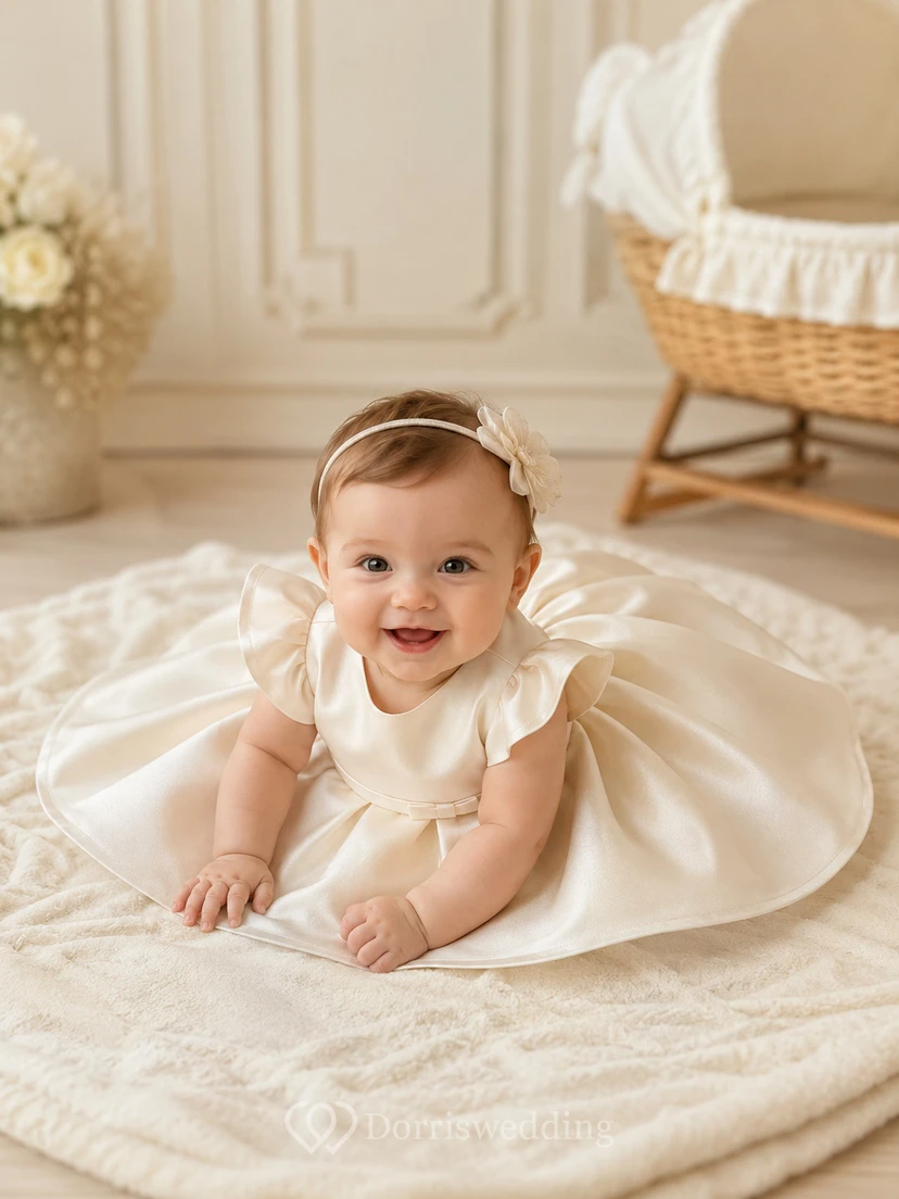 Modern Baby Baptism Christening Ceremony Dress A-Line Knee-Length Jewel Neck Sleeveless Satin Button Back