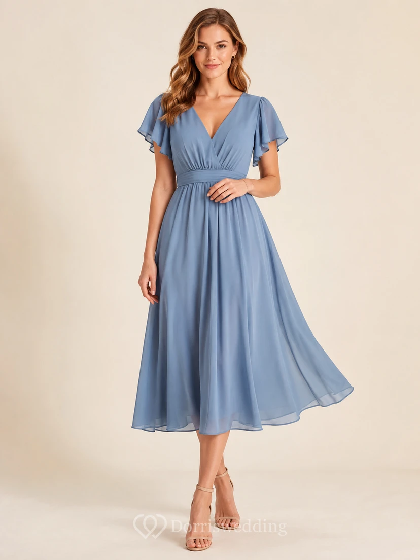 Dusty Blue Flutter Sleeve V Neck Chiffon Occasion Midi Dress